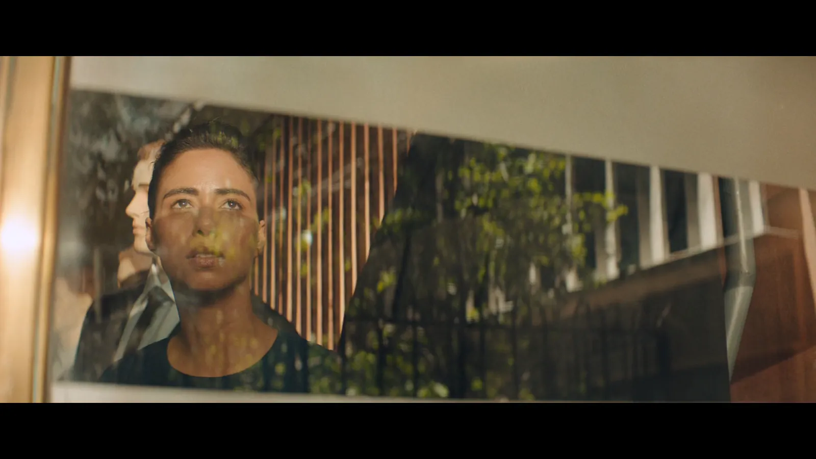 A woman's face reflected in a shop window with trees